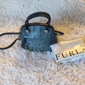 Furla Mini Dome Satchel in Teal Croc-Embossed Leather